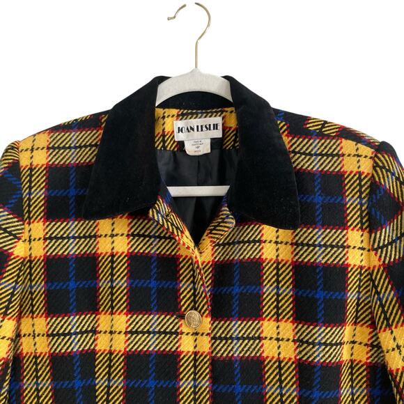 Vintage 90s Joan Leslie Yellow Black Tartan Wool Twill Velvet Blazer Size Medium - Picture 6 of 16